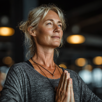 Idős nő békés jóga gyakorlatot végez